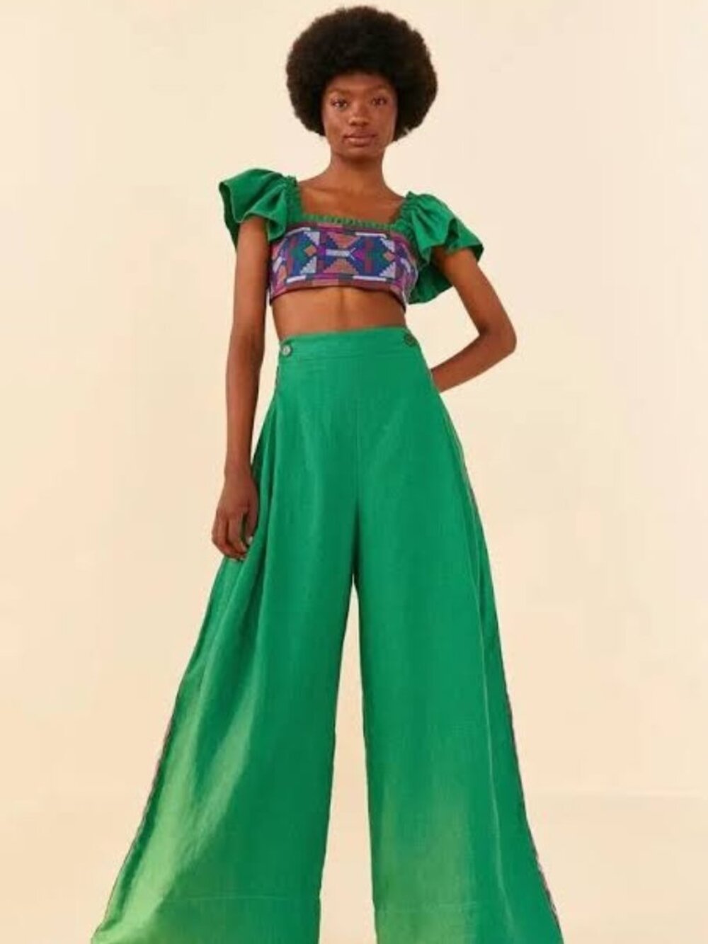 Farm Rio Embroidered Wide Leg Pants High Rise Women's Size L Green